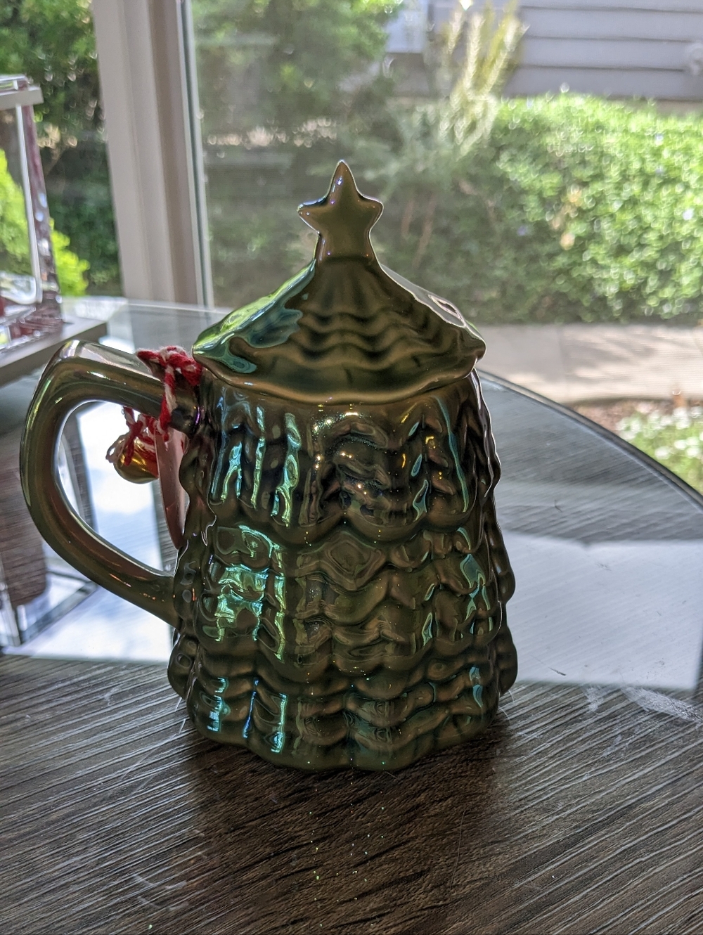 Anthropologie Mug Merry Lustre Tree Lidded Holly Green Holiday Christmas New